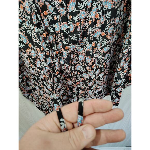 Terra Sky Dark Floral Vneck Tie Front Blouse Plus Size 2x 20w/22w Button Up Boho - Picture 3 of 9